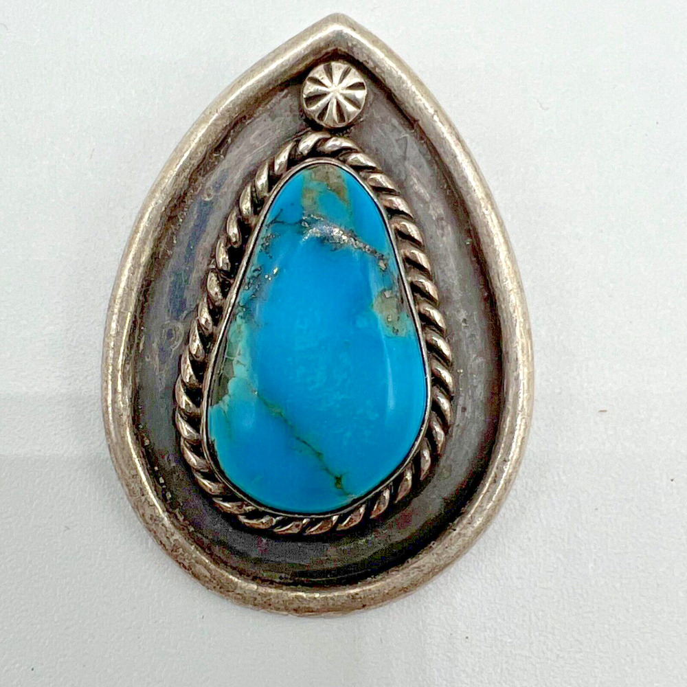 Vintage Navajo Signed A.L.B. & J. CACTUS M. Sterling Silver Turquoise Pendant